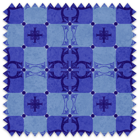  The artwork is a symmetrical geometric pattern composed of various shades of blue. It features a grid-like arrangement of squares, each containing distinct ornamental motifs such as crosses and stylized shapes. The design integrates deep indigo, royal blue, and lighter blue tones, creating a harmonious contrast.  The overall effect is a balanced and intricate tile design with a sense of depth and rich texture.